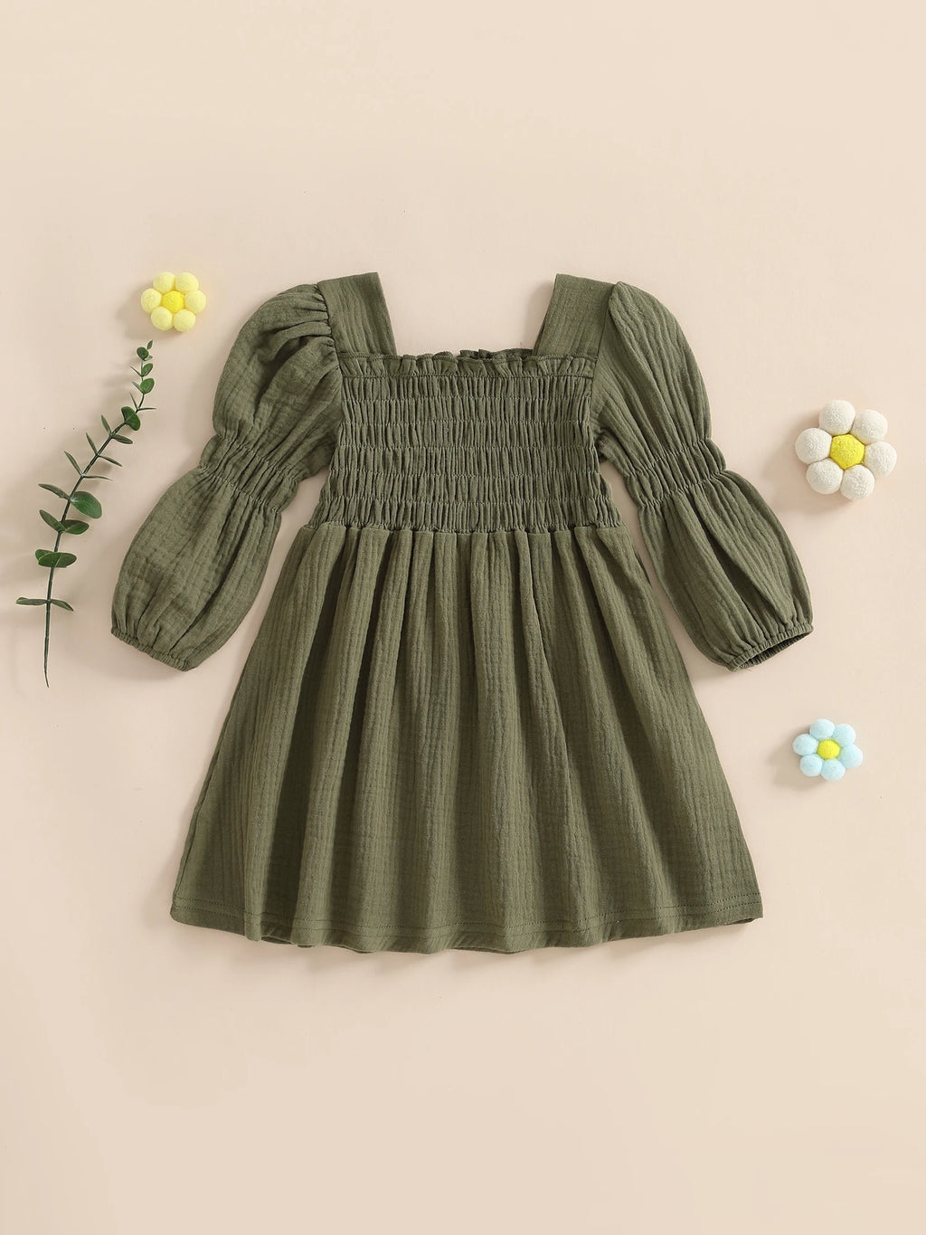 Lioraitiin Toddler Girl Bubble Sleeve Dress Stylish Solid Smocked