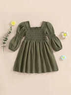 Lioraitiin Toddler Girl Bubble Sleeve Dress Stylish Solid Smocked