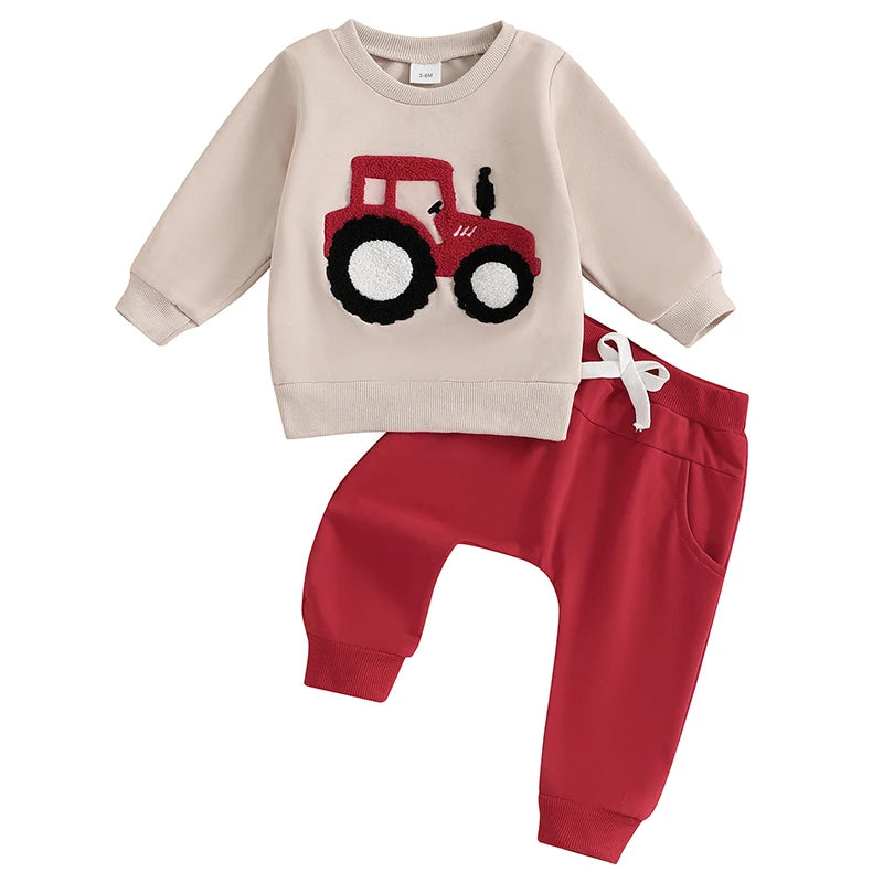 Lioraitiin Toddler Boy Outfits Tractor Embroidery Long Sleeve