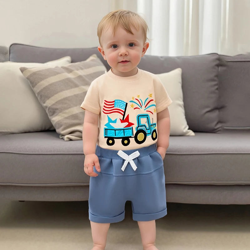 Lioraitiin Toddler Baby Boy 4th of July Outfit Star Truck Embroidery