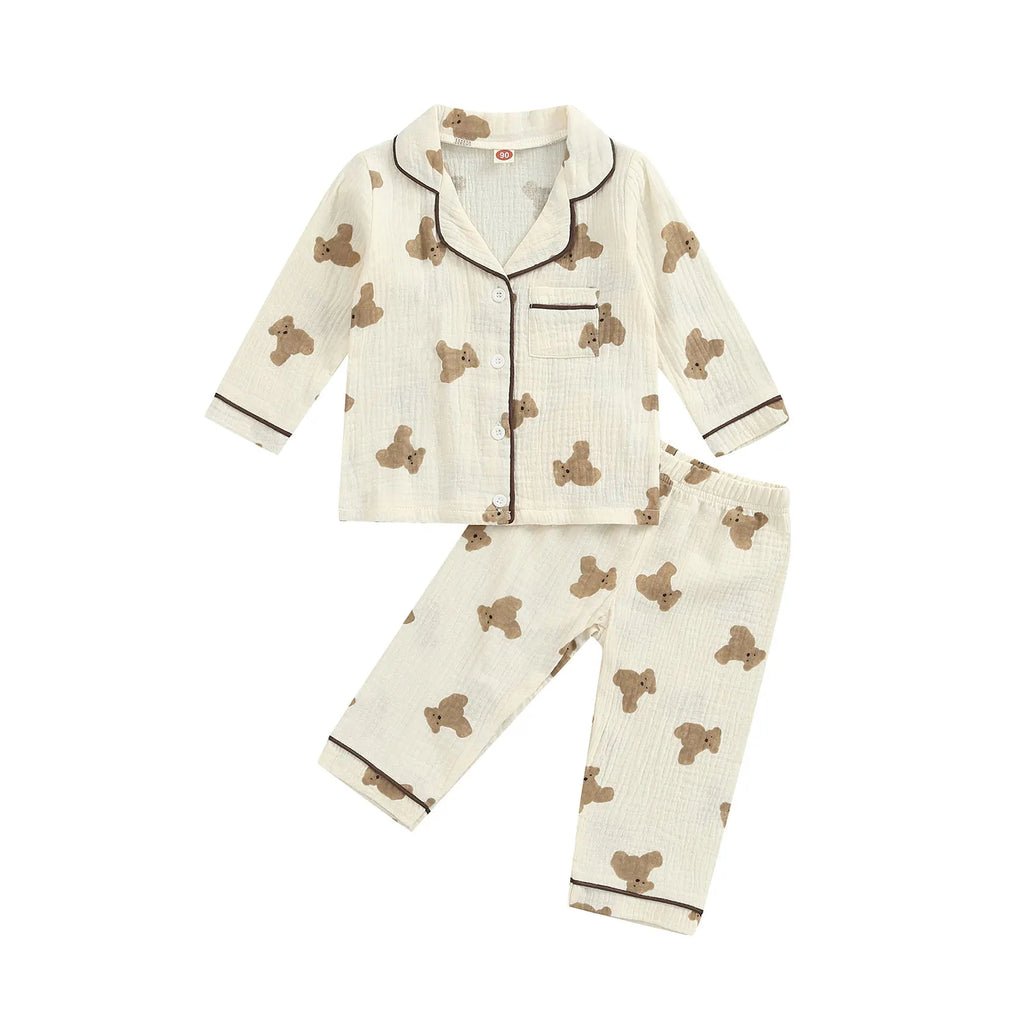 Lioraitiin 0-6Years Kids Unisex Pajama Suit Bear Printed Long Sleeve