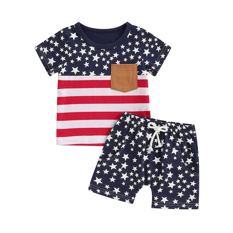 Lioraitiin Toddler Baby Boy 4th of July Outfits O-Neck Short Sleeve