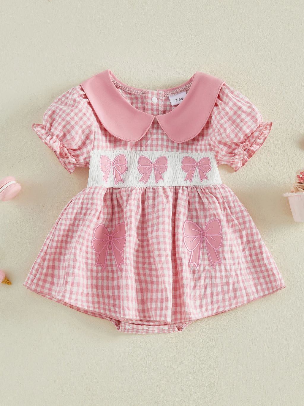 Lioraitiin Baby Girl Plaid Romper Dress Cute Bow Embroidery Smocked