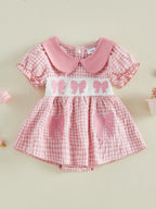 Lioraitiin Baby Girl Plaid Romper Dress Cute Bow Embroidery Smocked