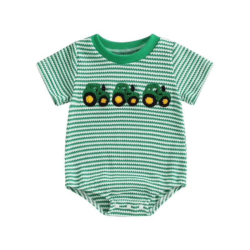 Lioraitiin Baby Girls Boys Rompers Waffle Truck Embroidery Stripe