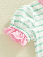 Lioraitiin Baby Girl Striped Romper Ruffle Trim Short Sleeve Crewneck