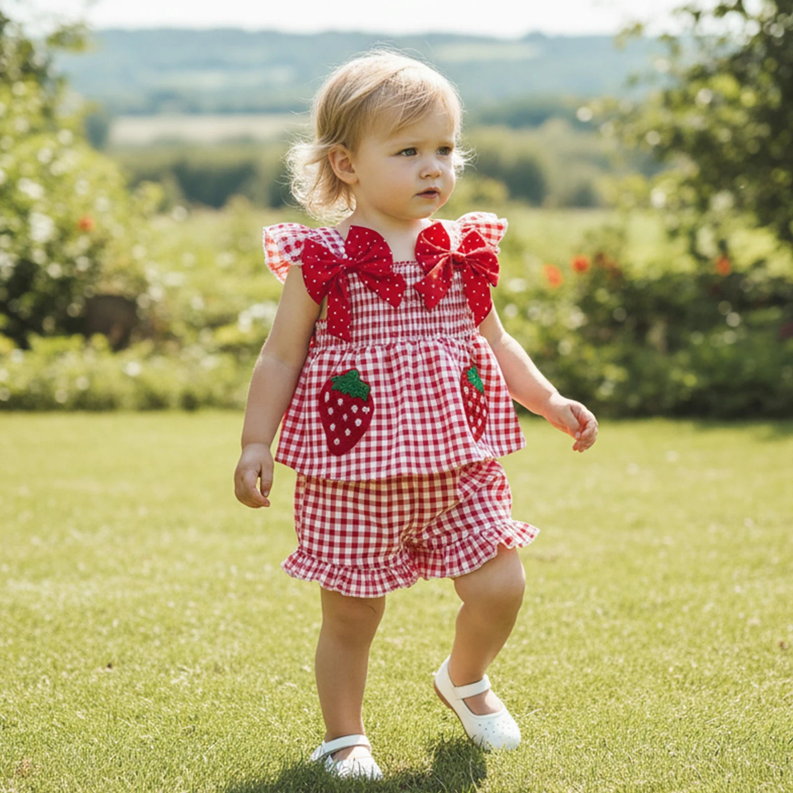 Lioraitiin Toddler Baby Girl Outfit Strawberry Embroidered Plaid Bows