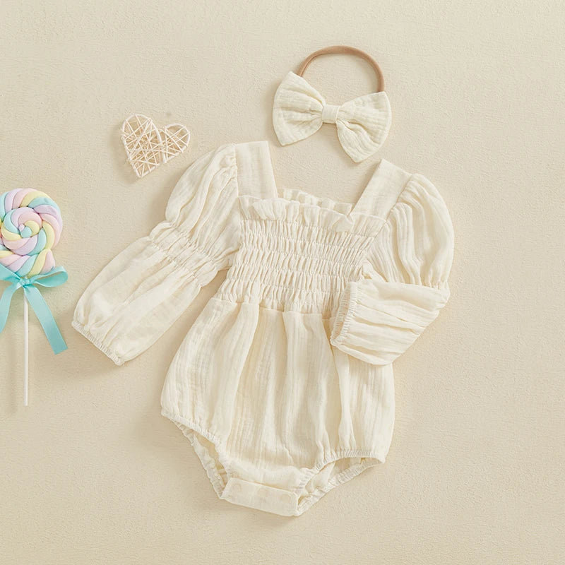 Lioraitiin Baby Girls Romper Long Sleeve Square Neck Solid Color