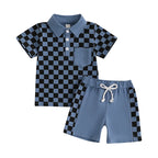 Lioraitiin Toddler Boys Shorts Sets Short Sleeve Lapel Checkerboard