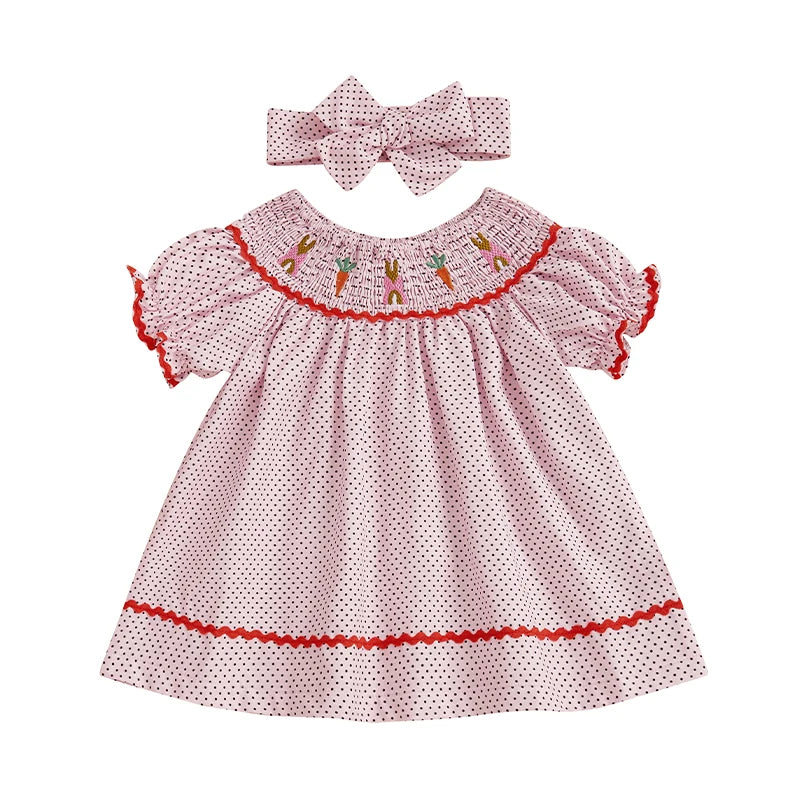Lioraitiin Toddler Girls Easter Dress Rabbit Carrot Embroidery Short