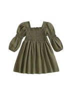 Lioraitiin Toddler Girl Bubble Sleeve Dress Stylish Solid Smocked