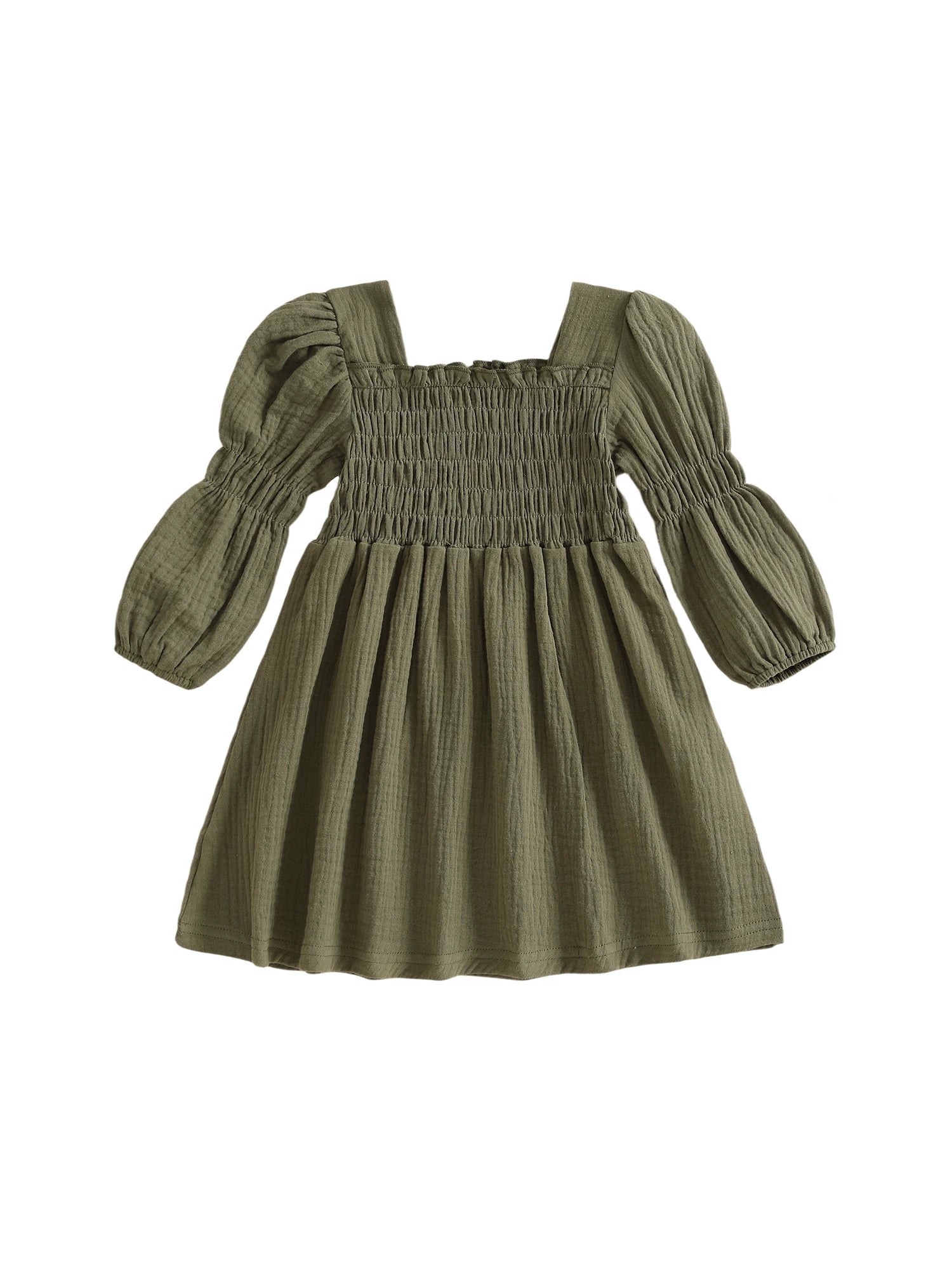 Lioraitiin Toddler Girl Bubble Sleeve Dress Stylish Solid Smocked