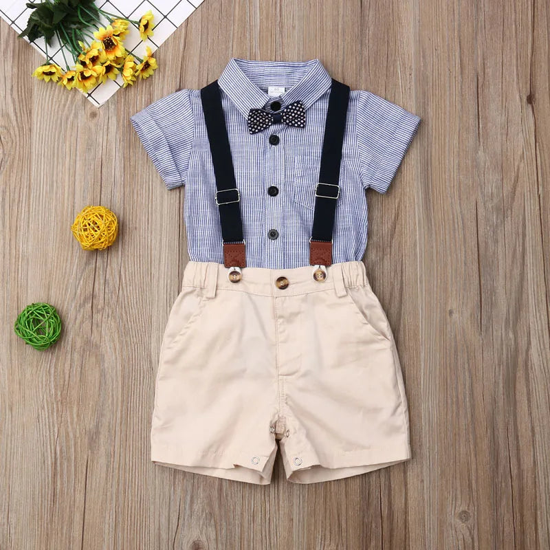 Lioraitiin Newborn Boys Stripe Short Sleeve Gentleman 2PCS Set Romper