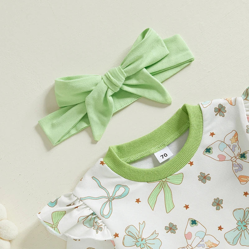 Lioraitiin Toddler Baby Girl Irish Outfits Bow Clover Print Crew Neck