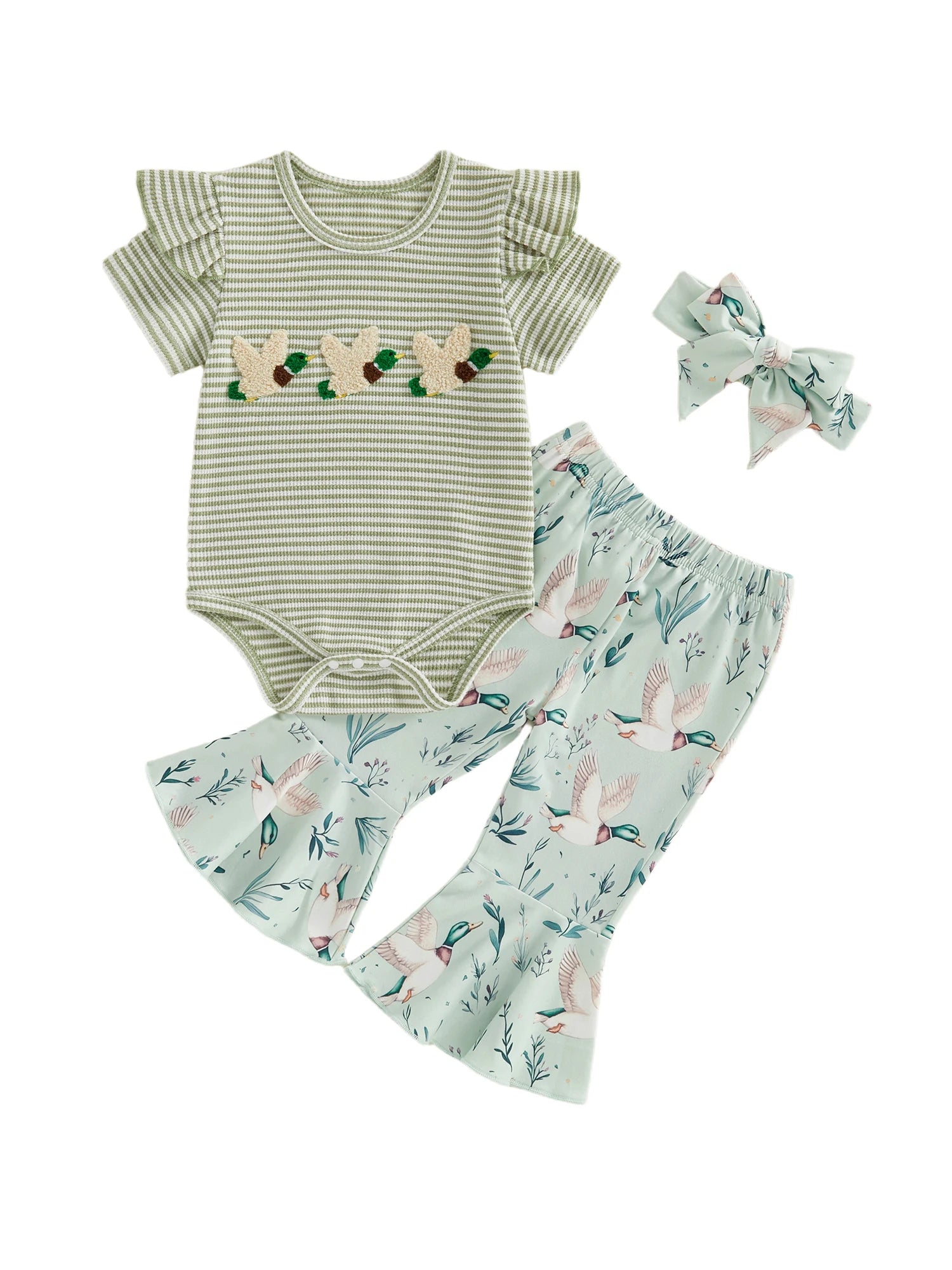 Lioraitiin Baby Girl Outfit Animal Embroidered Striped Crew Neck