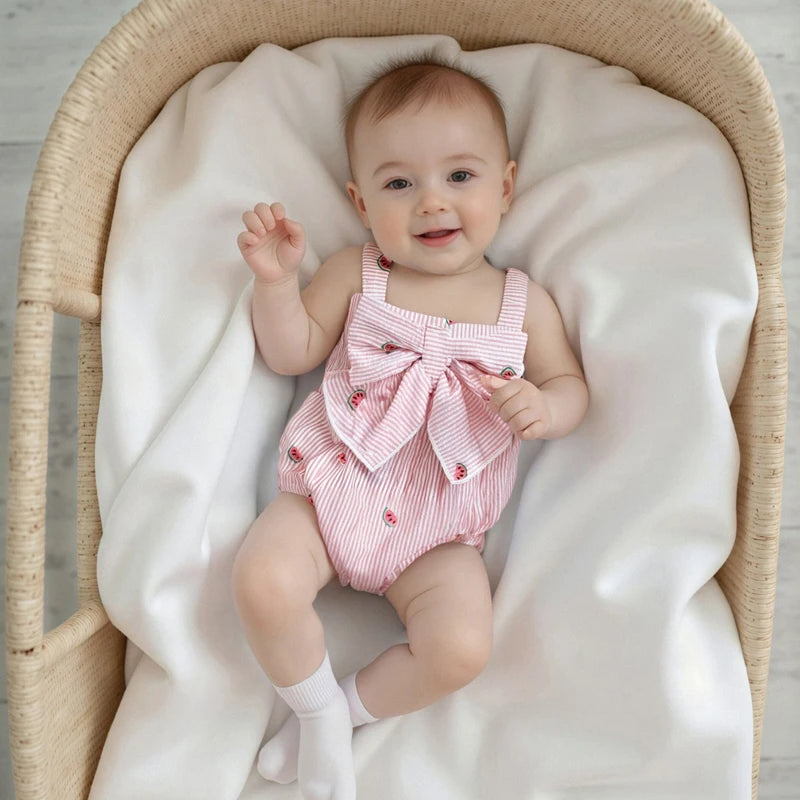 Baby Girl Romper Loose Fit Bow Design Watermelon Print Striped