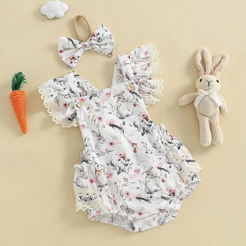 Lioraitiin Baby Girls Easter Outfits Flower Bunny Print Lace Trim