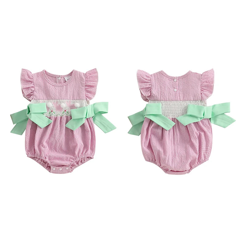 Lioraitiin Baby Girls Rompers Easter Rabbit Embroidery Plaid Fly