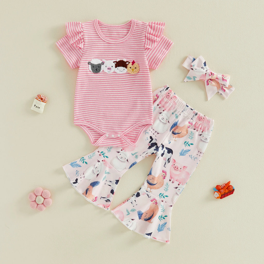 Lioraitiin Baby Girl Outfit Animal Embroidered Striped Crew Neck