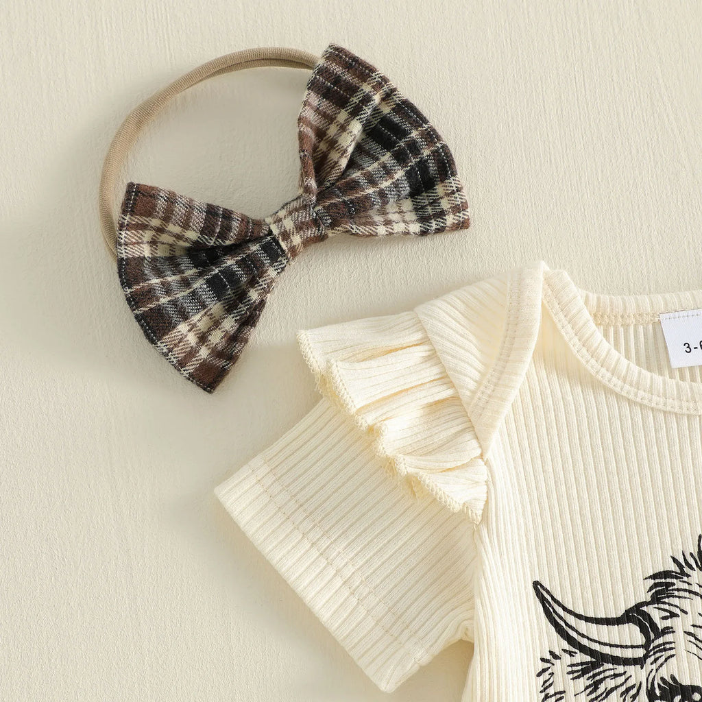 Lioraitiin Infant Girl Baby Outfit Crew Neck Ruffle Short Sleeve Bull