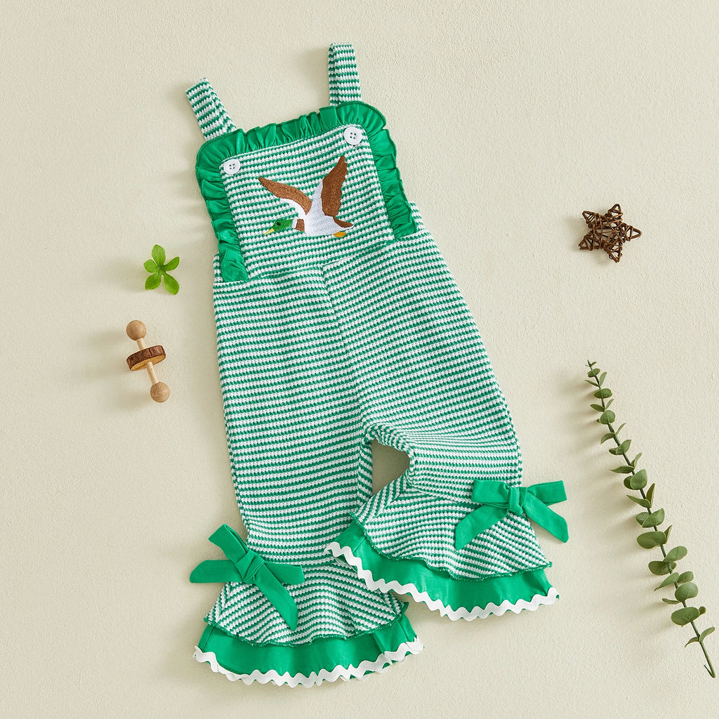 Lioraitiin ï»¿Little Girls Overalls Adorable Duck Embroidery Striped
