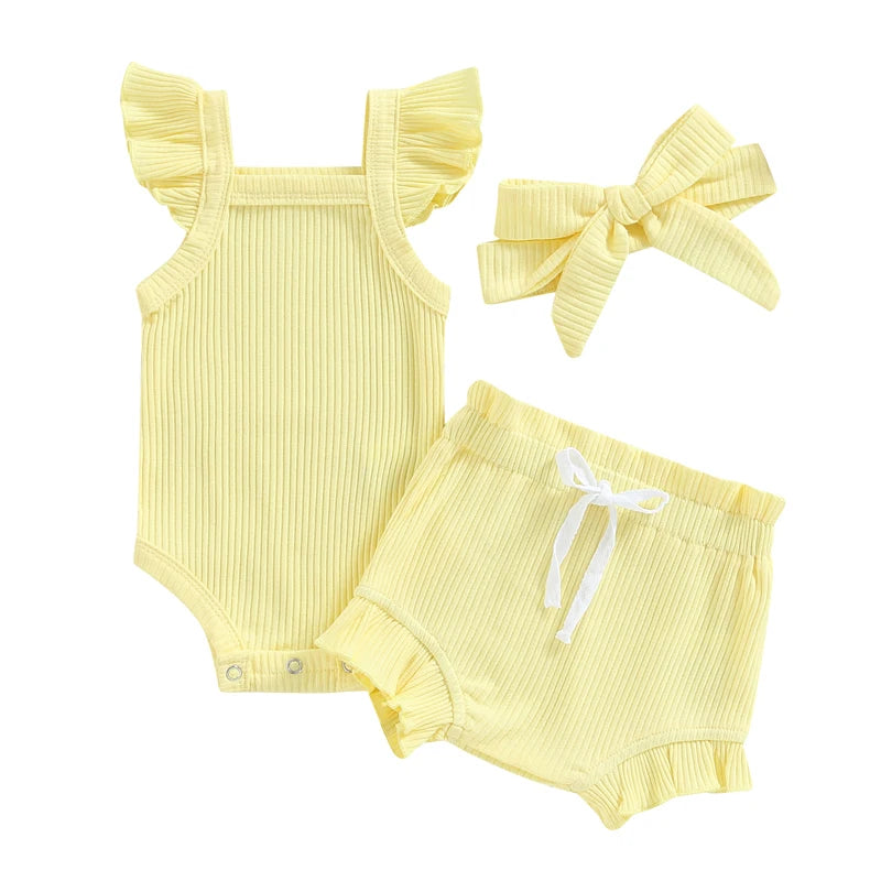 Lioraitiin 0-18M Toddler Girls 3Pcs Fly Sleeve Solid Romper Tops