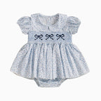 Lioraitiin Baby Girls Romper Dress Short Sleeve Bow Embroidery Floral