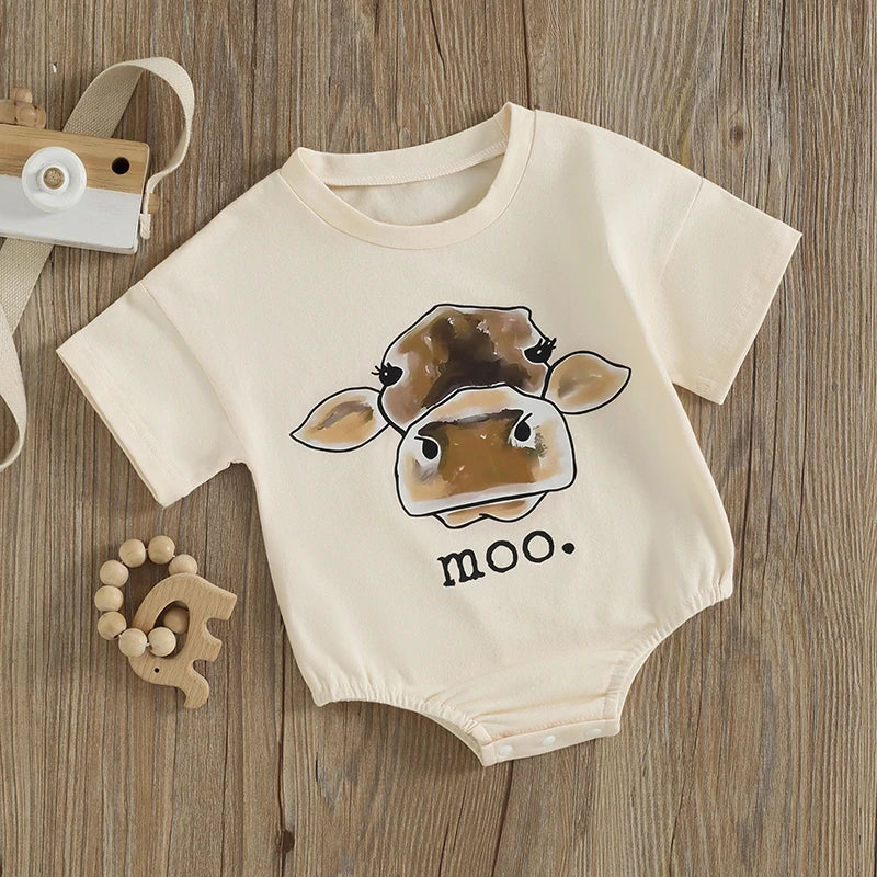 Lioraitiin Baby Romper, Short Sleeve Crew Neck Cow Head Print
