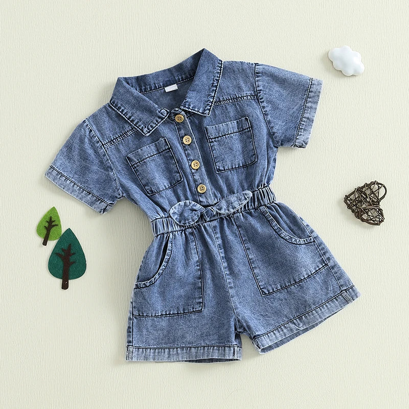 Toddler Girls Denim Overalls Shorts Short Sleeves Turn Down Collar
