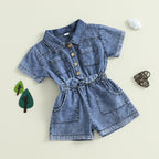 Toddler Girls Denim Overalls Shorts Short Sleeves Turn Down Collar