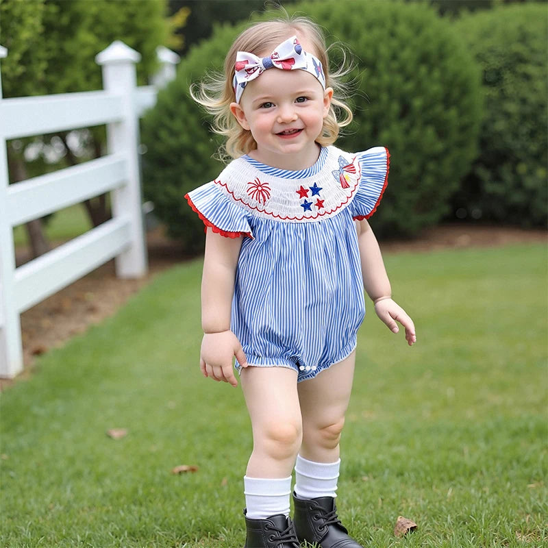 Lioraitiin Baby Girls Romper Fly Sleeve Crew Neck Stripes Embroidery