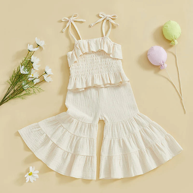 Lioraitiin Toddler Girl Set Sleeveless Smocked Lacing Strap Camisole