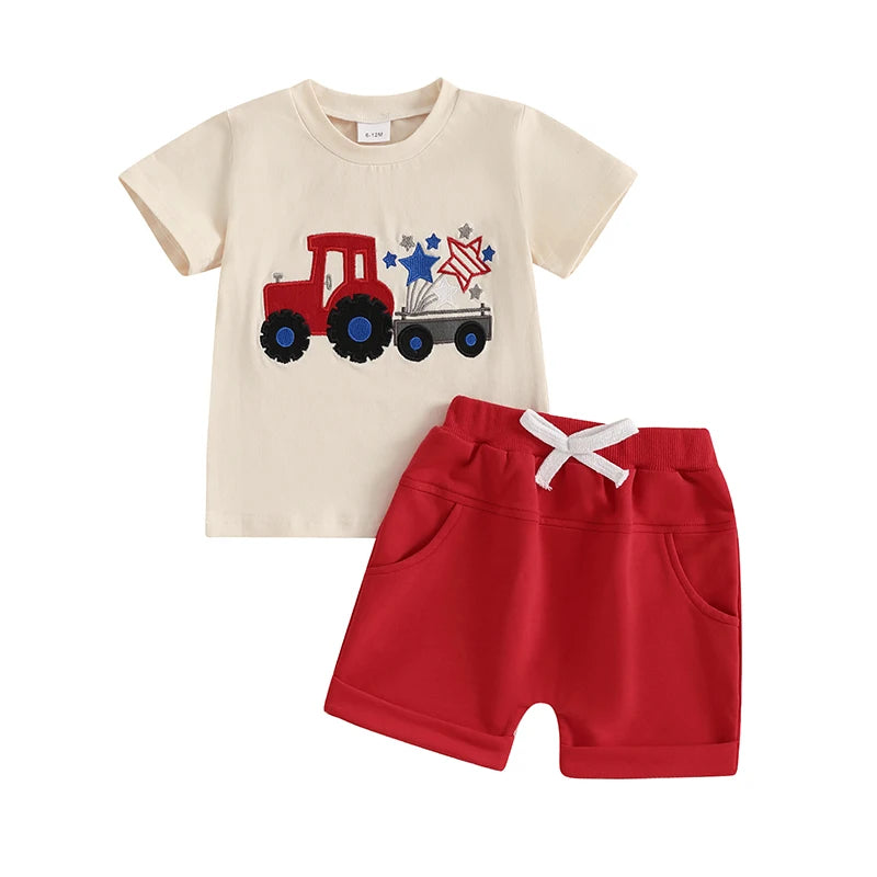 Lioraitiin Toddler Baby Boy 4th of July Outfit Star Truck Embroidery