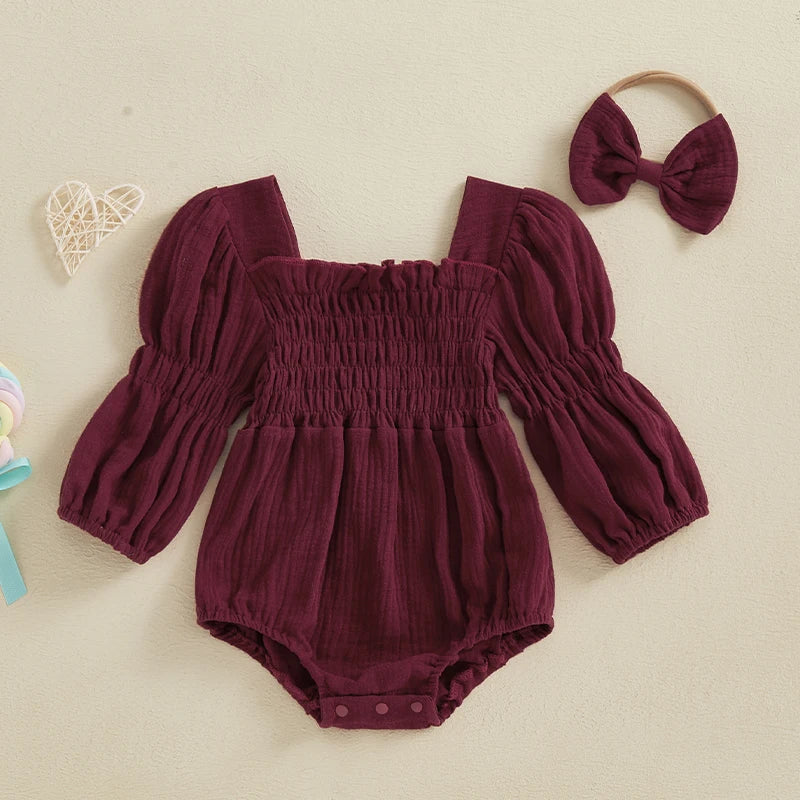 Lioraitiin Baby Girls Romper Long Sleeve Square Neck Solid Color
