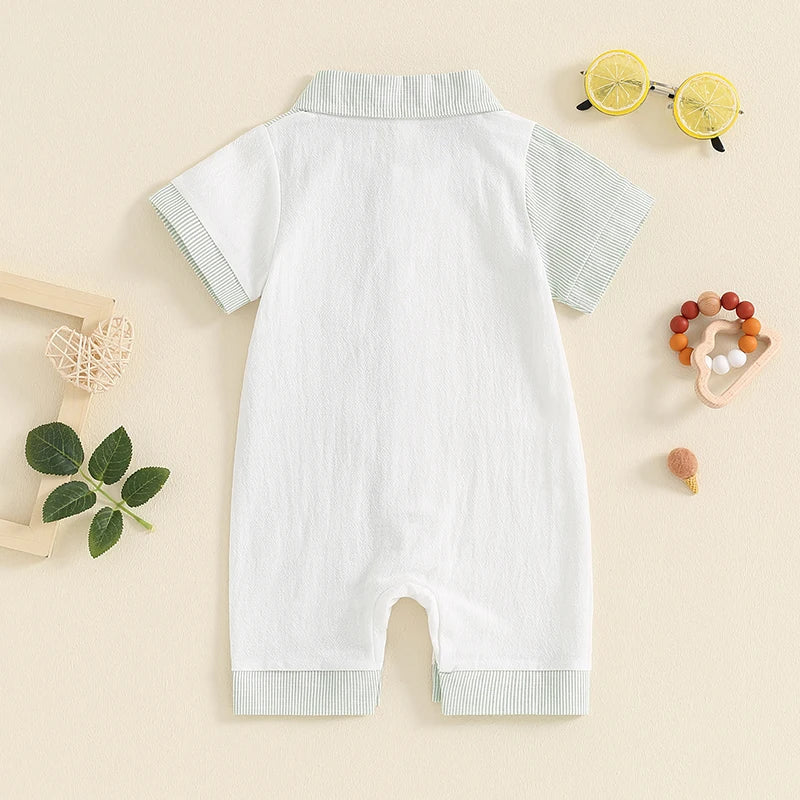 Lioraitiin Baby Boy Jumpsuit Short Sleeve Lapel Collar Stripes Print