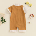 Lioraitiin Baby Boy Jumpsuit Short Sleeve Lapel Collar Stripes Print