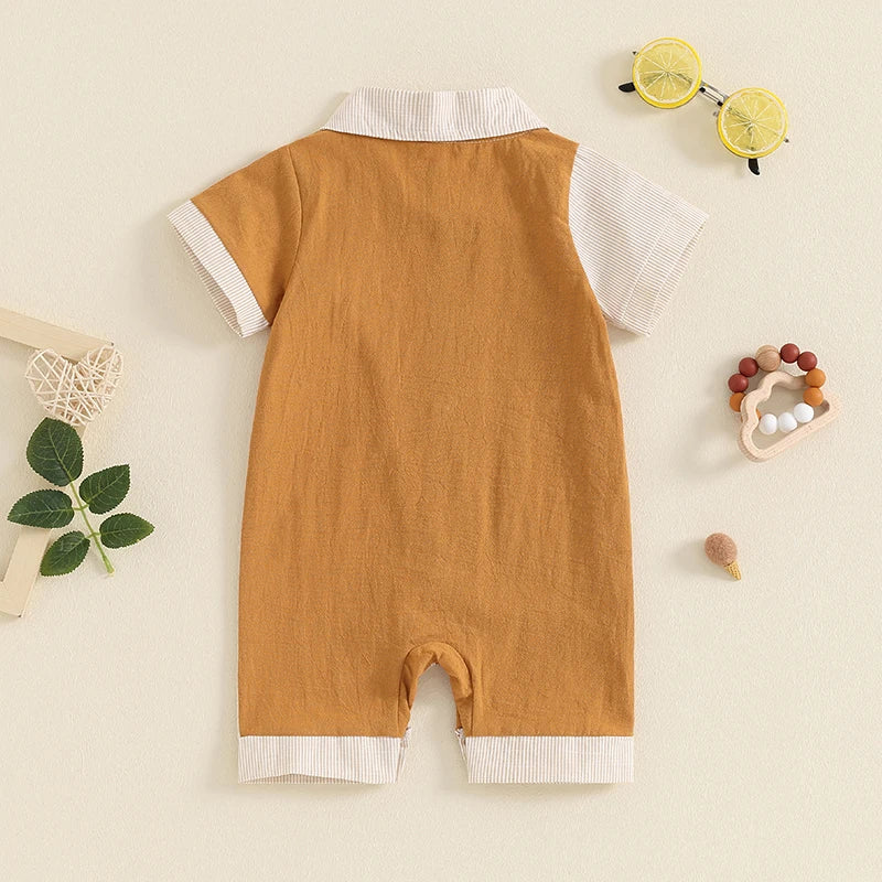 Lioraitiin Baby Boy Jumpsuit Short Sleeve Lapel Collar Stripes Print