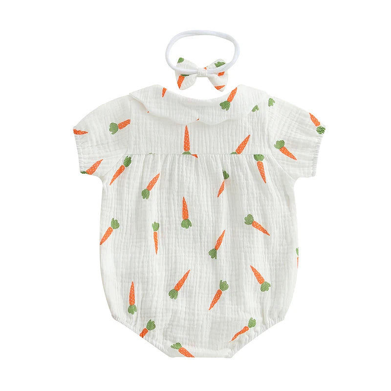 Lioraitiin Baby Girls Rompers Easter Carrot Print Doll Collar Short