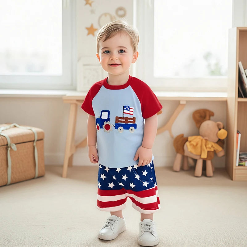 Lioraitiin Baby Boys Patriotic Outfits Tractor Embroidery Short