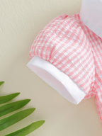 Lioraitiin Toddler Girl A Line Dress Plaid Print Lapel Short Sleeves