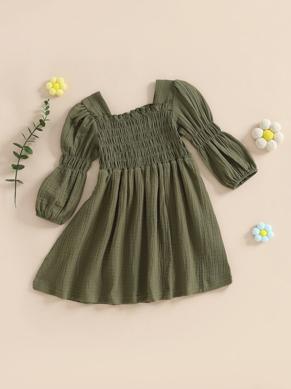 Lioraitiin Toddler Girl Bubble Sleeve Dress Stylish Solid Smocked