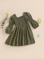 Lioraitiin Toddler Girl Bubble Sleeve Dress Stylish Solid Smocked