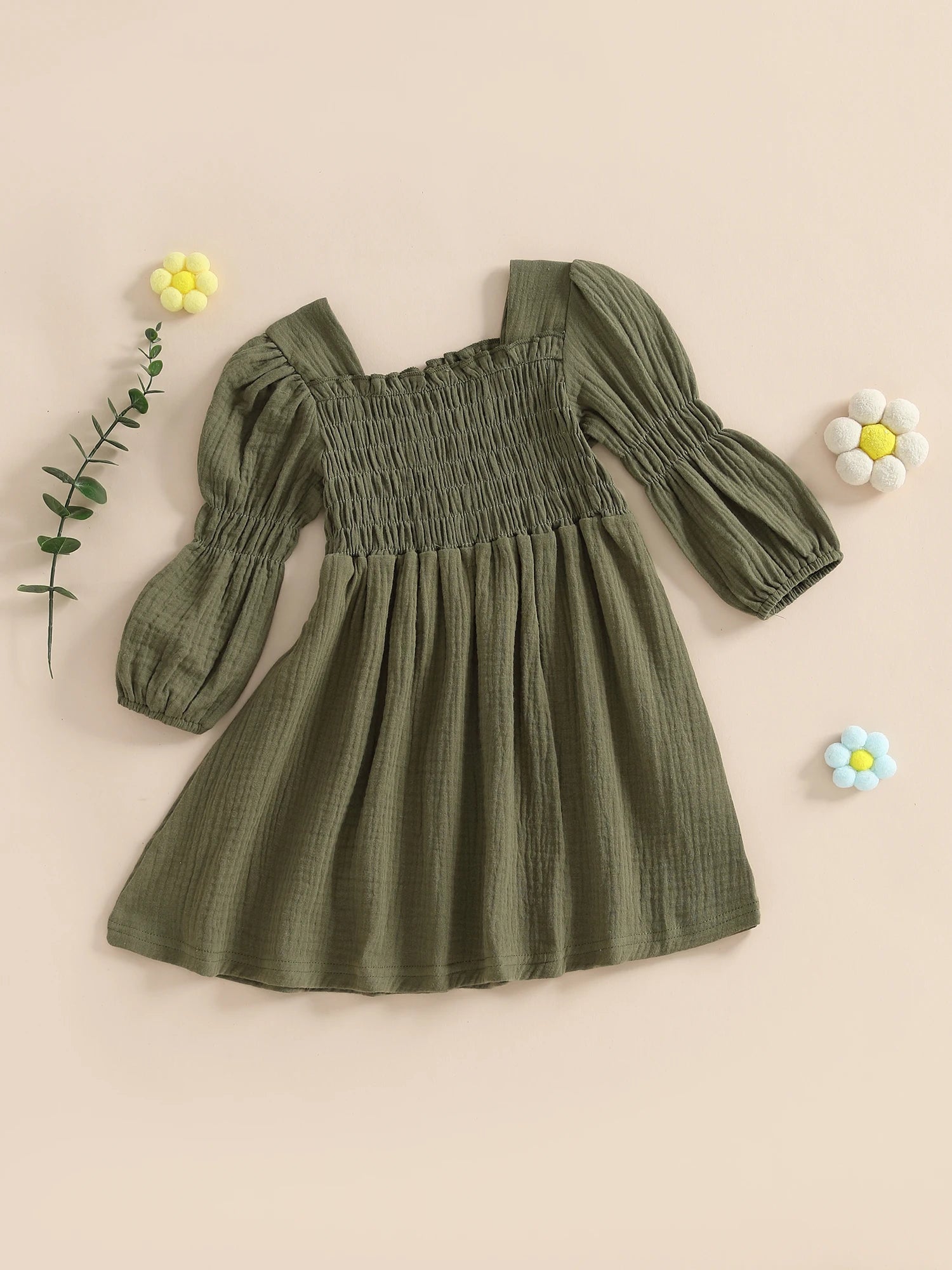 Lioraitiin Toddler Girl Bubble Sleeve Dress Stylish Solid Smocked