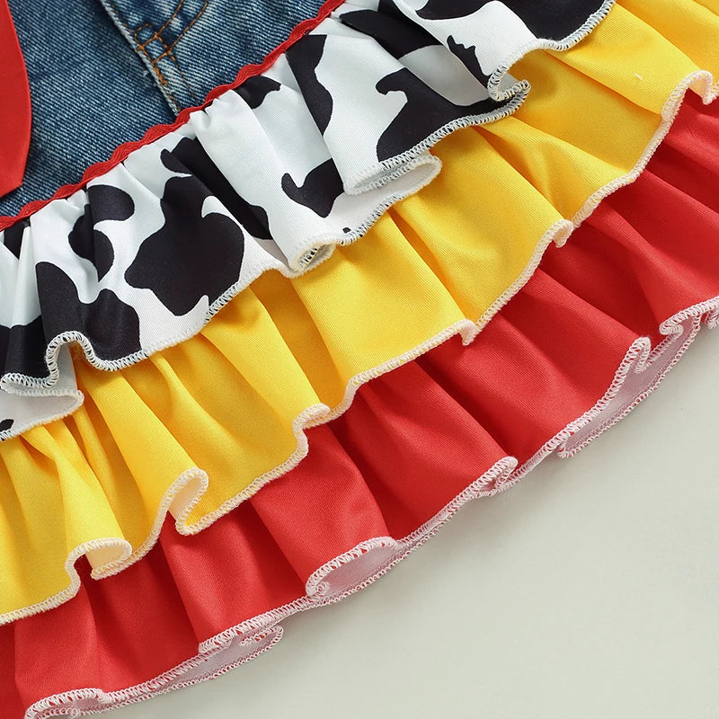 Lioraitiin Girls Outfits Plaid Print Fly Sleeve Shirts Cow Pattern