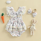 Lioraitiin Baby Girls Easter Outfits Flower Bunny Print Lace Trim