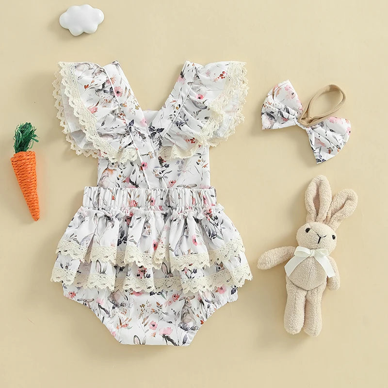 Lioraitiin Baby Girls Easter Outfits Flower Bunny Print Lace Trim