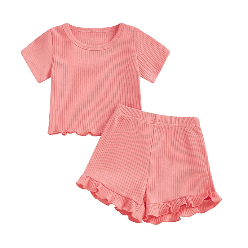 Lioraitiin Toddler Baby Girl Ribbed Outfit Solid Color Short Sleeve