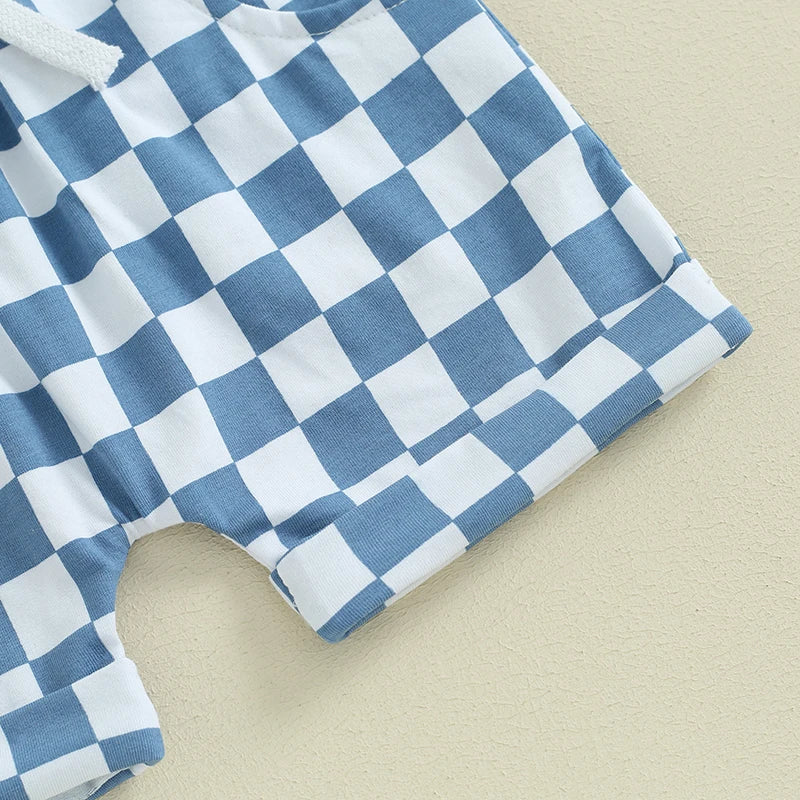 lioraitiin Baby Boy Solid Sleeveless Tank Top Checkered Shorts 2Pcs