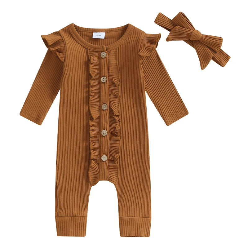 Lioraitiin Baby Girl Rompers Solid Color Buttons Frills Crew Neck