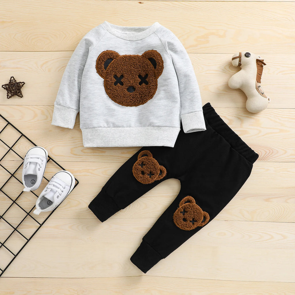 Lioraitiin 0-5Years Kids Boy Tracksuit Fluffy Cartoon Bear O-Neck